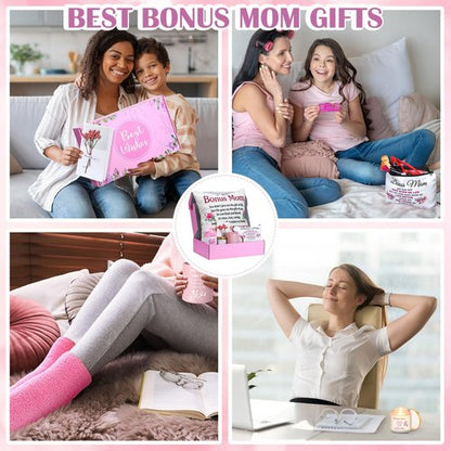 Dingion 11 Pcs Bonus Mom Gifts Set Stepmom Birthday Gifts with Makeup Bag Mug 50" x 60" Throw Blanket Socks Keychain Pillow