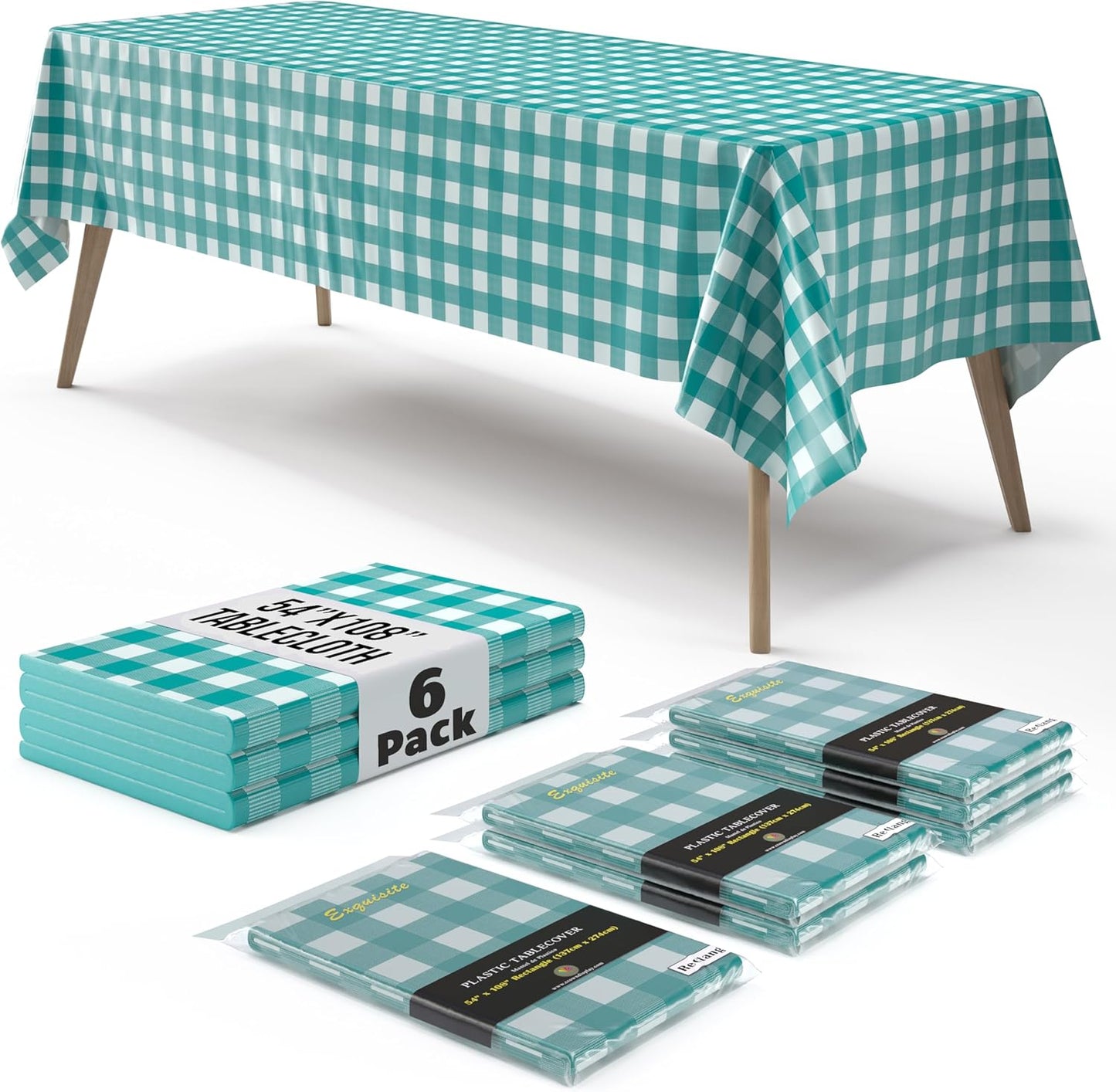 Skiennix Picnic Table Cover - Premium Teal & White Checkered Plastic Tablecloth - 54" x 108" Rectangle