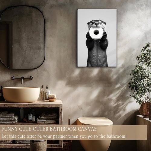 Funny Otter Wall Art - Humorous Black and White Canvas Print for Bathroom Decor | 12x16''
