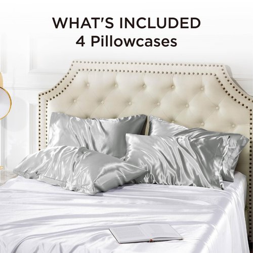 Bedsure Satin Pillowcase for Hair and Skin Queen - Silver Grey Silky Pillowcase 20x30 Inches - Set of 4 with Envelope Closure, Similar to Silk Pillow Cases, Gifts for Women Men