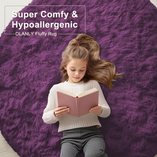 OLANLY Dark Purple Round Rugs for Bedroom - Machine Washable, 2 ft Circle Area Rugs for Living Room, Soft and Fluffy Shaggy Carpet for Teen Girl and Boys, Nursery Rooms, Dorms, Home Decor Aesthetic