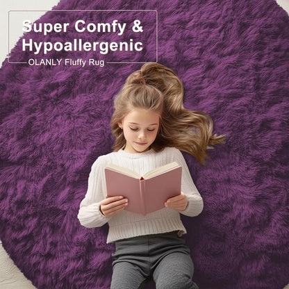 OLANLY Dark Purple Round Rugs for Bedroom - Machine Washable, 2 ft Circle Area Rugs for Living Room, Soft and Fluffy Shaggy Carpet for Teen Girl and Boys, Nursery Rooms, Dorms, Home Decor Aesthetic