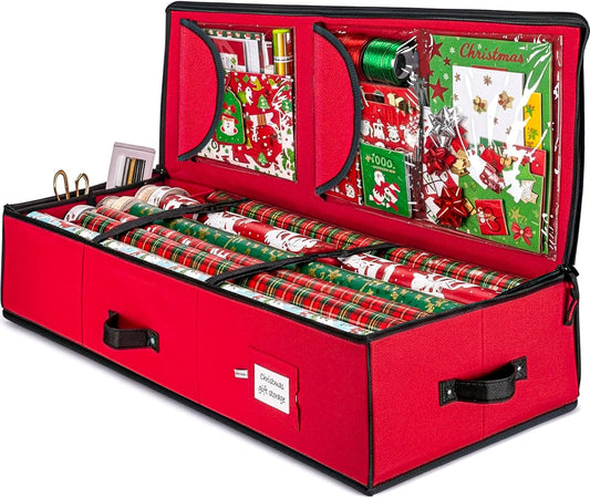 ZOBER Gift Wrapping Paper Organizer - 40" Storage for 24 Rolls with Pockets for Bows & Ribbons | Red/Black 600D Oxford