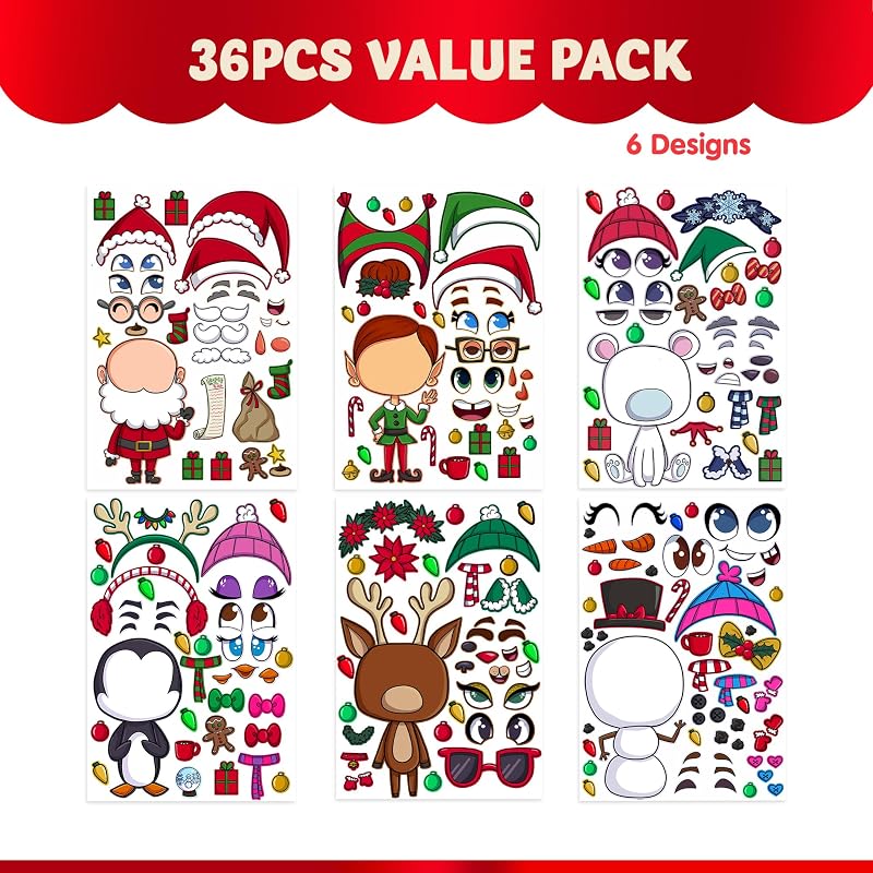 Variation of THIS listing Christmas Make-a-face Sticker Sheets - 36 Pcs Reindeer Snowman Elf For Kids Party Favor Art Craft Classroom