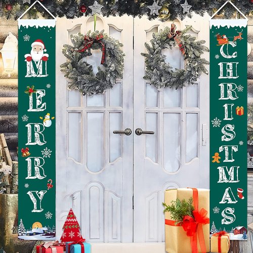 GOER Christmas Banner - 72 Inch by 13 Inch Hanging Decoration for Front Door | Festive Green Design