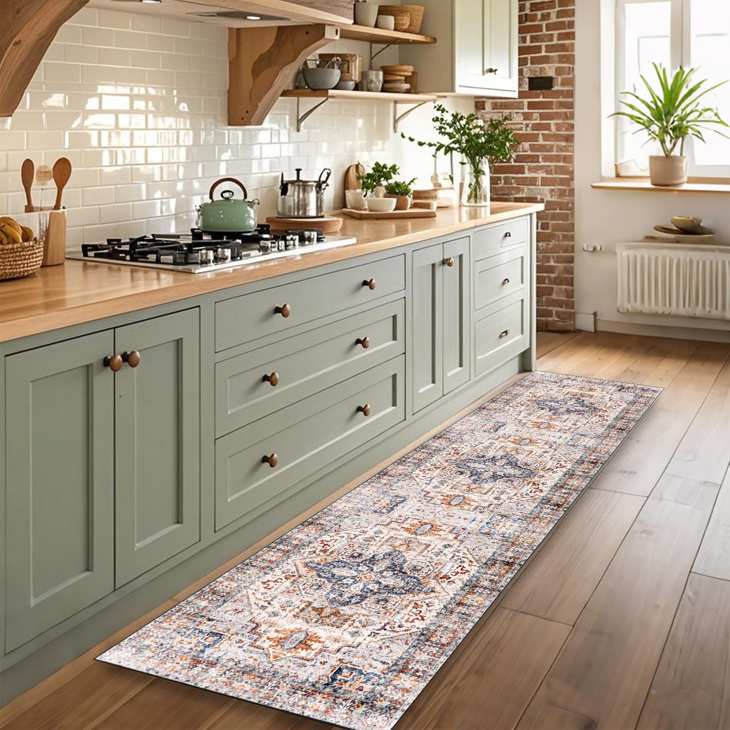 2x8 Hallway Washable Runner Rug : Vintage Soft Kitchen Bathroom Laundry Runner Non Slip Backing Farmhouse Entryway Floor Mat Stain Resistant Carpet for Bedroom Living Room Distressd Beside Rug(Blue)