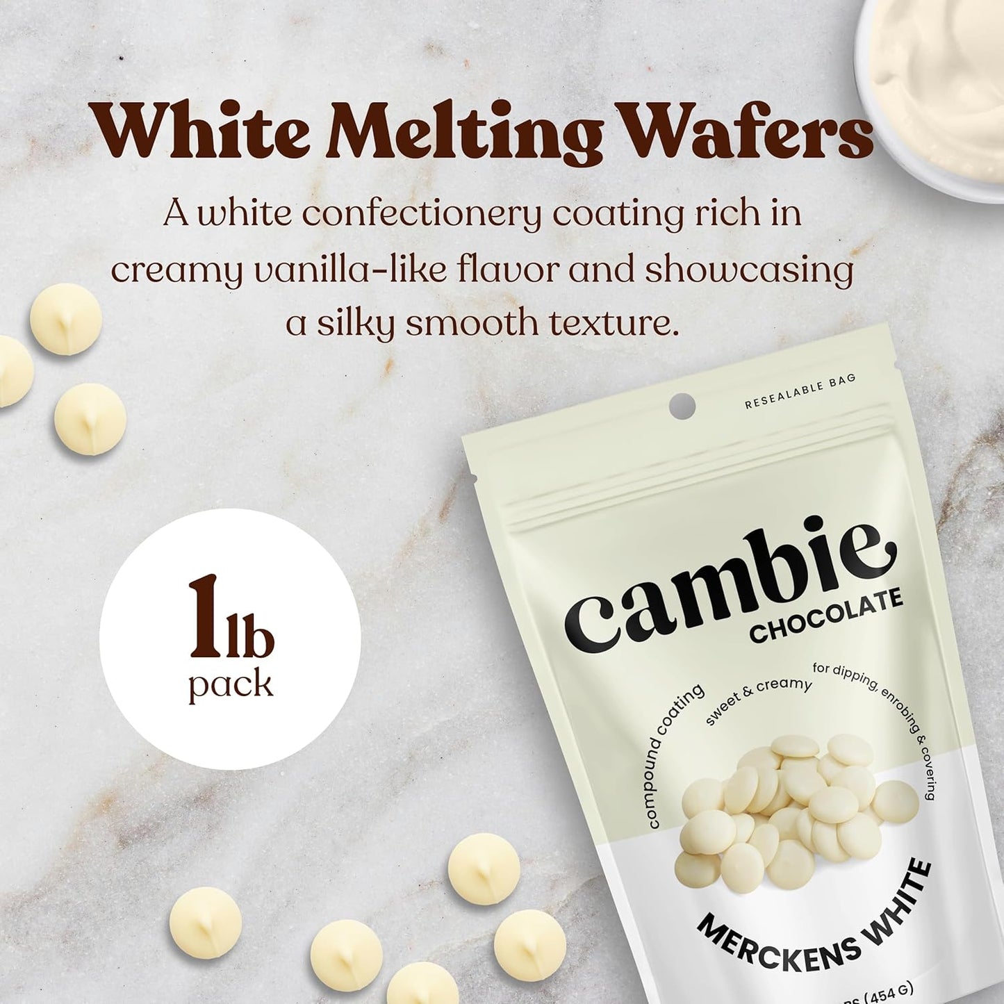Merckens White Melting Chocolate Wafers - 1 Pound of Premium Quality for Cake Pops, Cocoa Bombs & Desserts