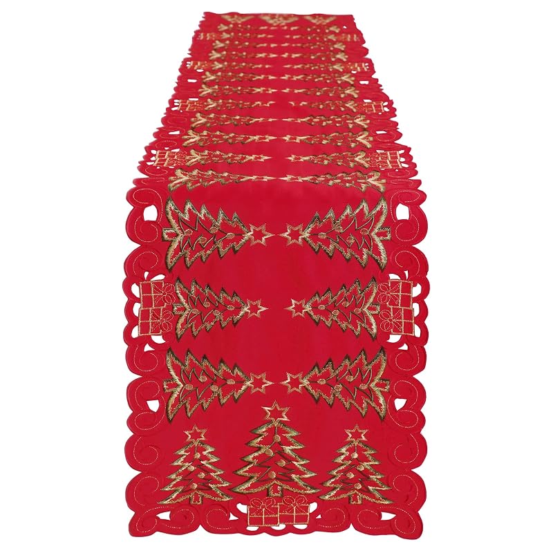 13"x70" Christmas Table Runner - Embroidered Red Tree & Gifts, Polyester | Simplebrand