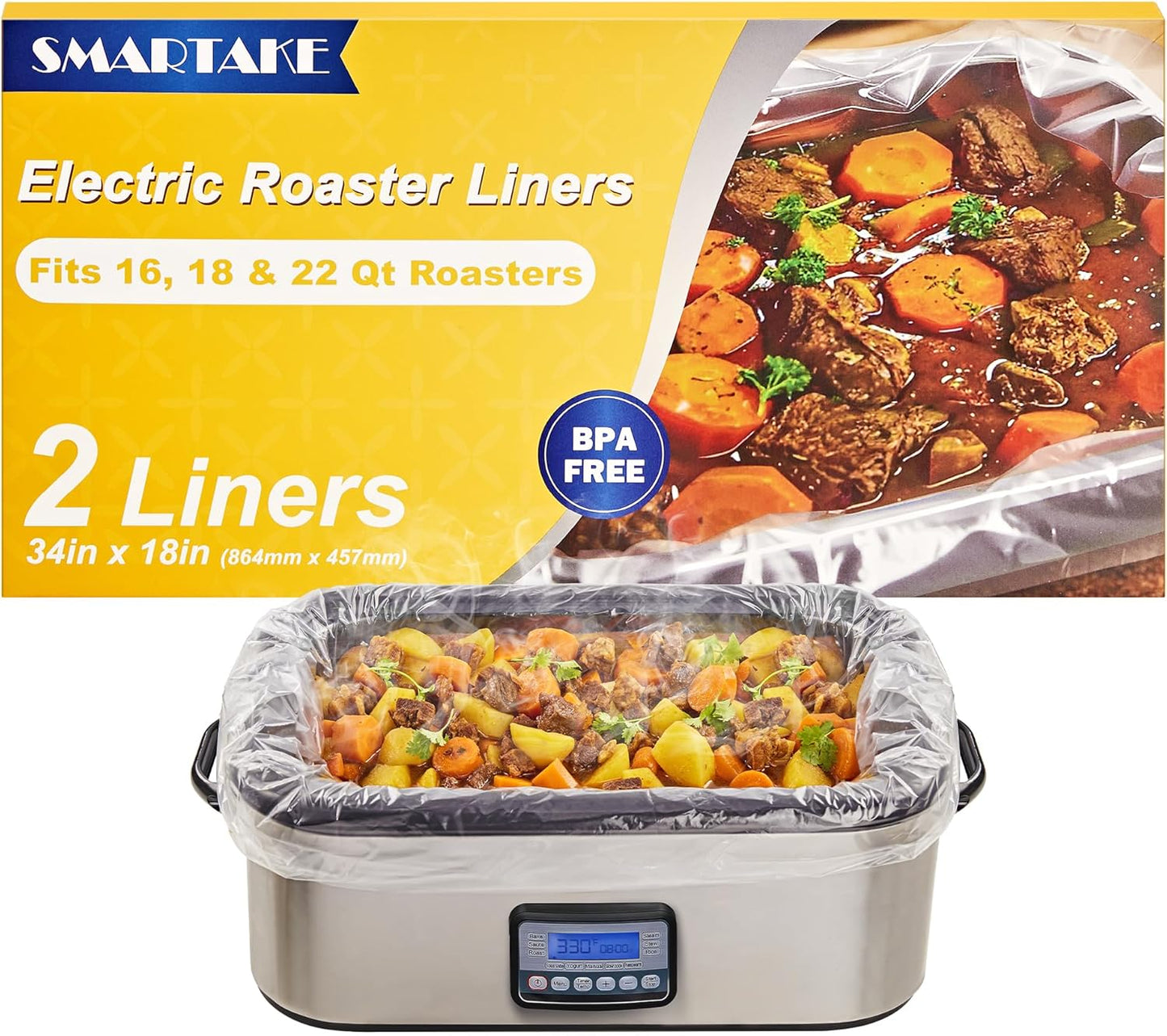 SMARTAKE Disposable Roaster Liners - 2 Count Plastic Cooking Bags for Easy Cleanup | Fits 16-22 Quart Roasters, 18 x 34 Inch