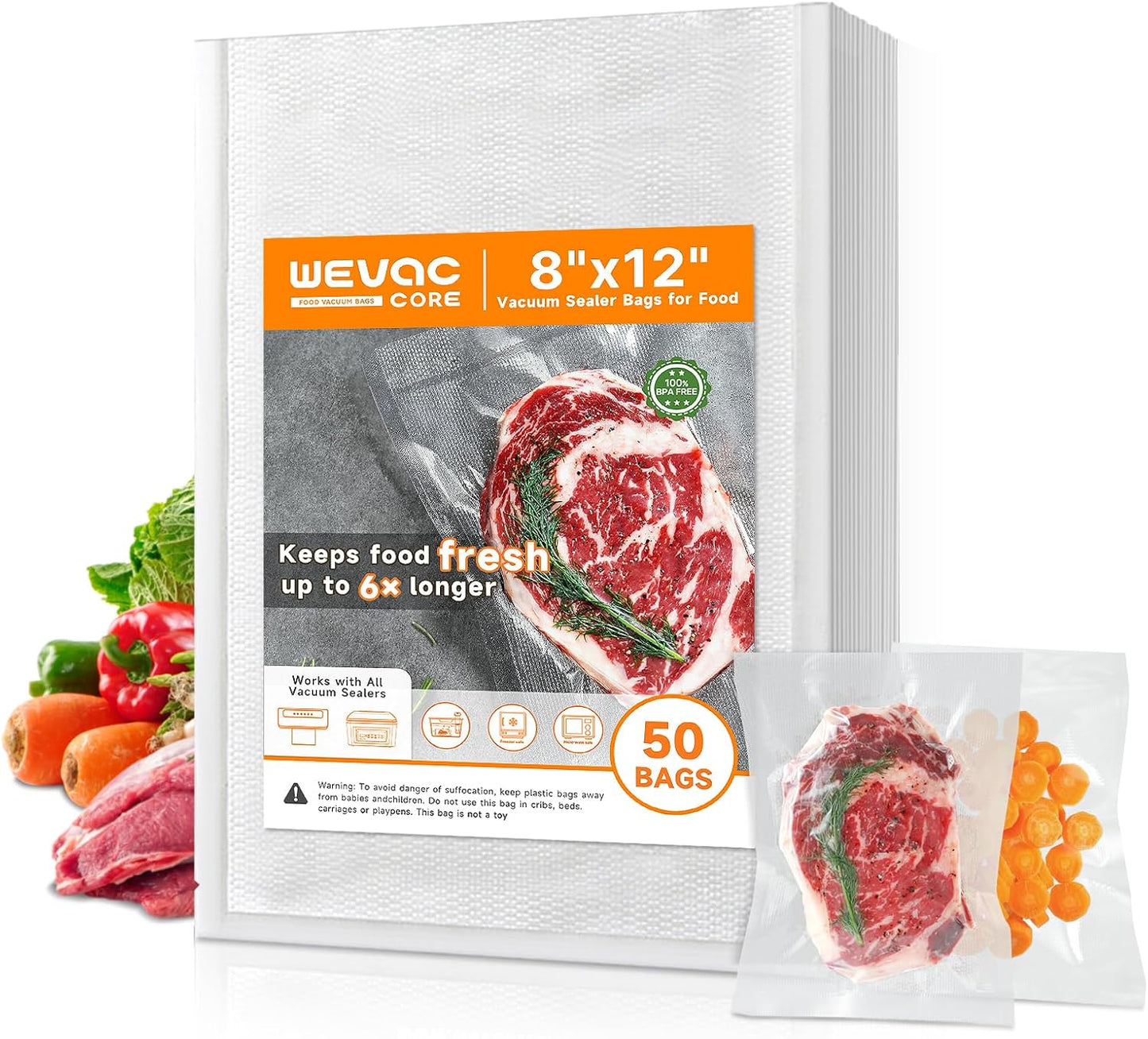 Wevac Vacuum Sealer Bags - Heavy-Duty BPA-Free Food Storage | 50 Count (8"×12"), Puncture-Resistant, Freezer & Sous Vide Safe