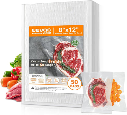 Wevac Vacuum Sealer Bags - Heavy-Duty BPA-Free Food Storage | 50 Count (8"×12"), Puncture-Resistant, Freezer & Sous Vide Safe