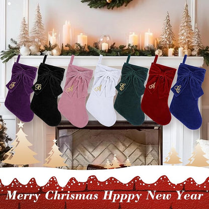 19 Inch Black Velvet Christmas Stocking with Elegant Bow & Monogram L - Personalized Embroidered Holiday Stocking