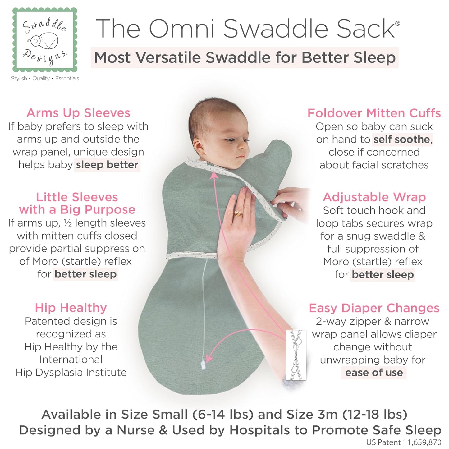 SwaddleDesigns 6-Way Omni Swaddle Sack - Arms Up Design for Newborns | Improves Sleep, Small 0-3 Mo, Heathered Jadeite