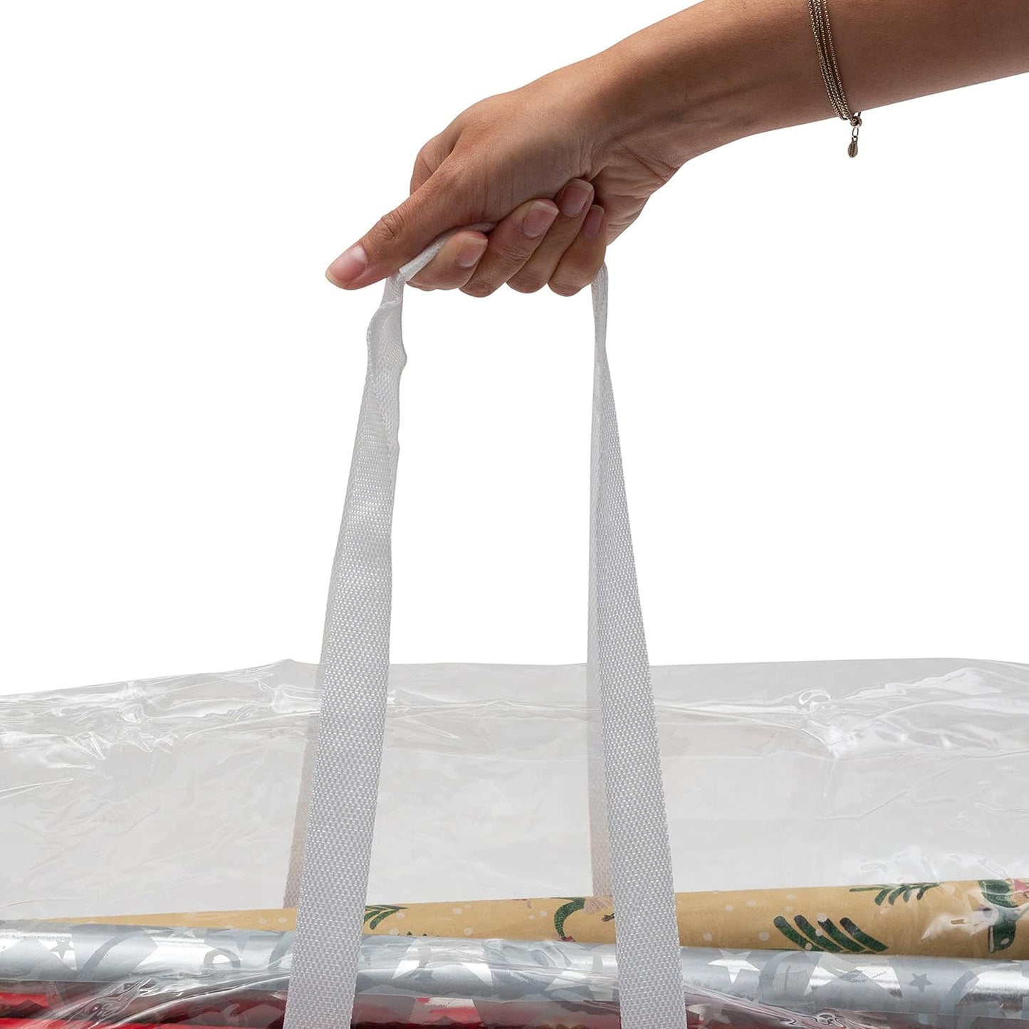 Simplify Clear Gift Wrap Storage Bag - Holds 30" Long Wrapping Paper Rolls | Zipper Closure | Easy Carry Hangers | Red