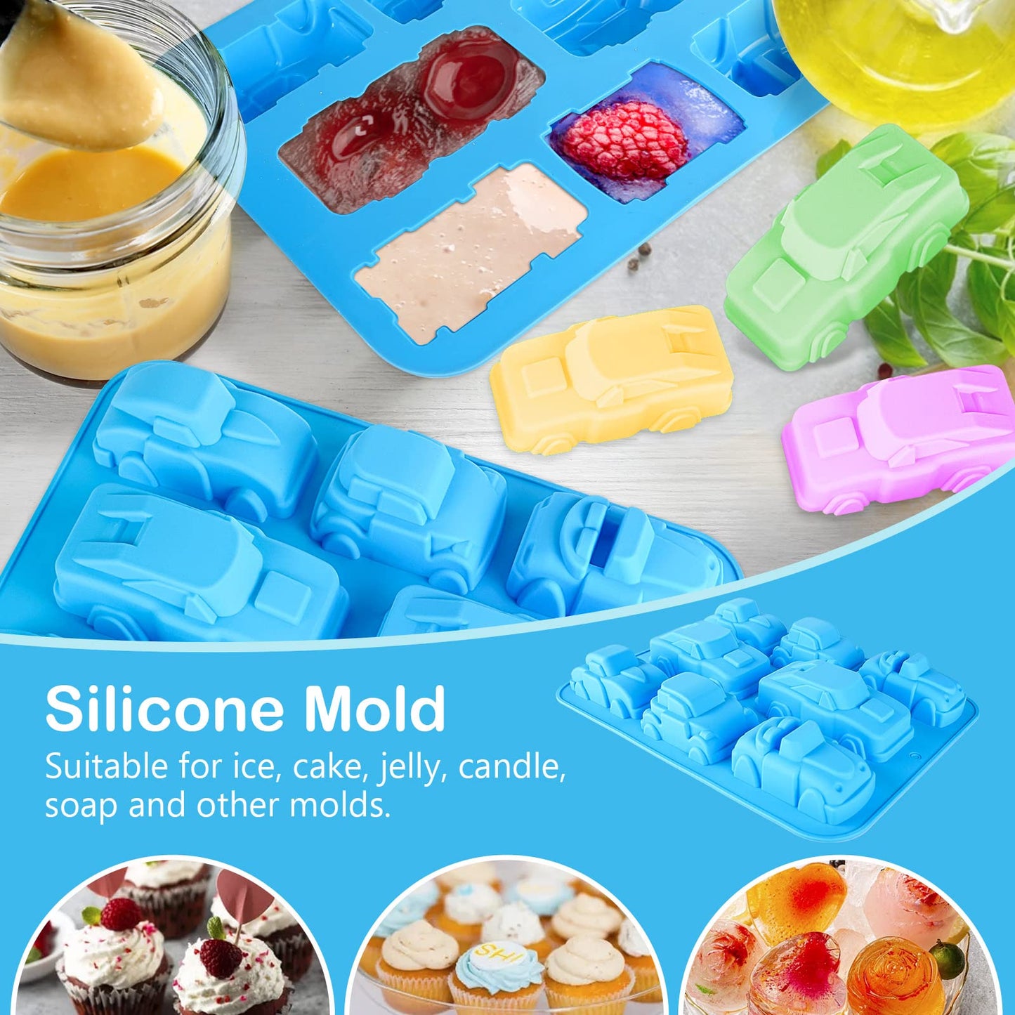 Joyeee Silicone Sports Car Soap Mold, 1Pcs 8 Cavity Train Bus Cars Pure Silicone Mold Tray, Kids Birthday Cake Pan Tray for Jelly Pudding Fondant Hard Candy Fat Bombs Resin, Making Kids Favor, 32.5 CM