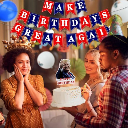 Make Birthdays Great Again Party Decorations Kit - Red & Blue Balloons, Banner & Cake Toppers for Patriotic Themes