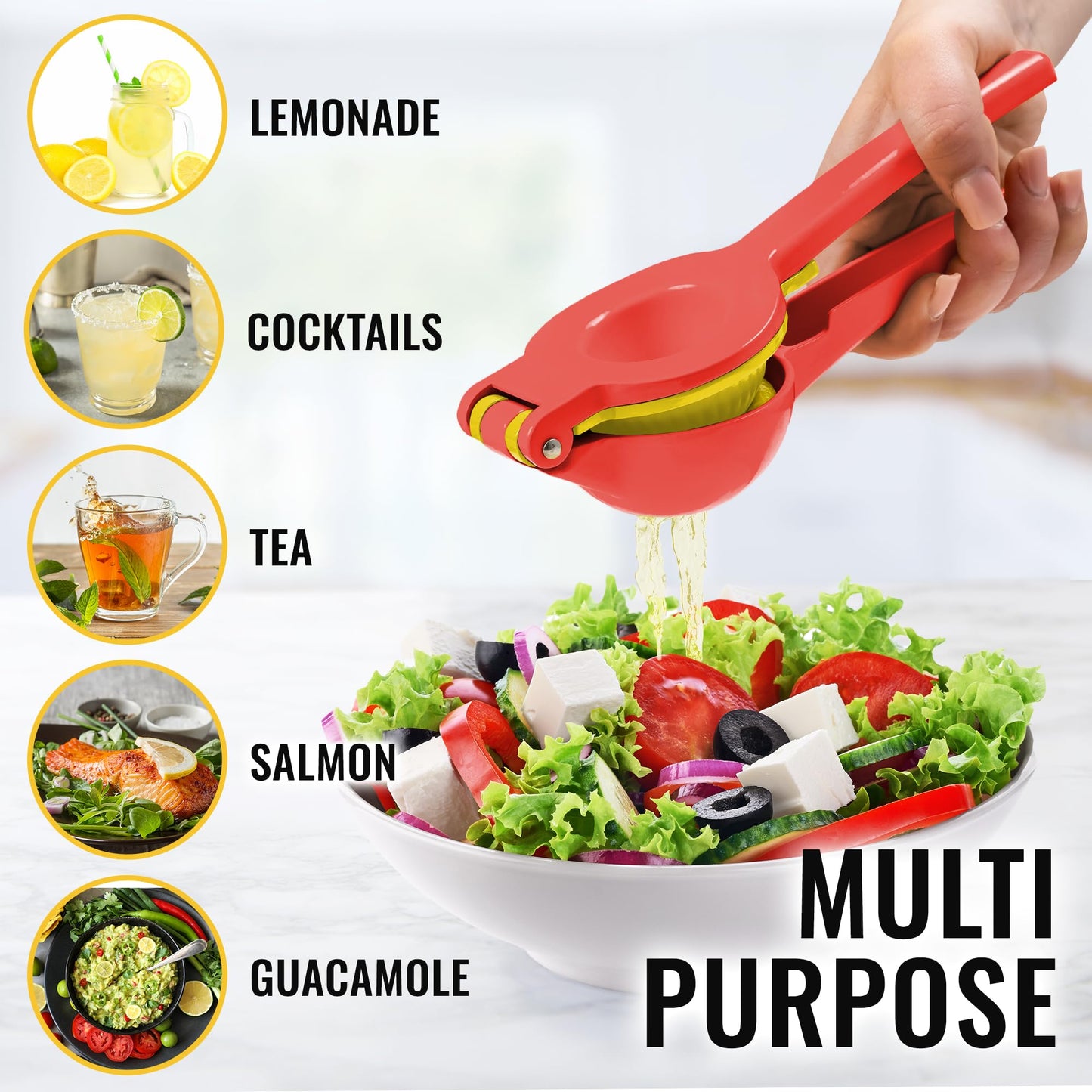 Zulay Metal 2-In-1 Lemon Squeezer Manual - Sturdy, Max Extraction Hand Juicer Lemon Squeezer Gets Every Last Drop - Easy to Clean Manual Citrus Juicer - Easy-to-Use Lemon Juicer Squeezer - Red/Yellow