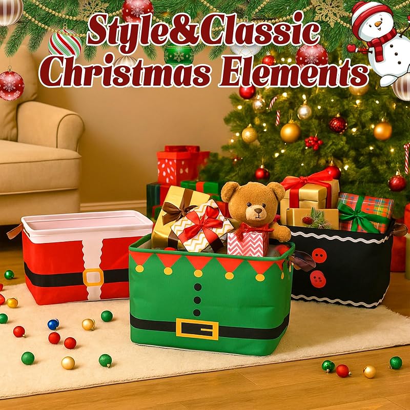 3 Pack Christmas Storage Baskets Collapsible Canvas - Santa Suit Variation