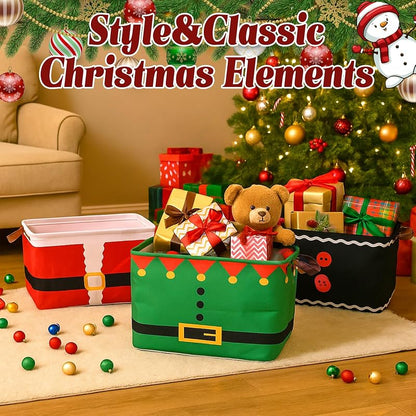 3 Pack Christmas Storage Baskets Collapsible Canvas - Santa Suit Variation