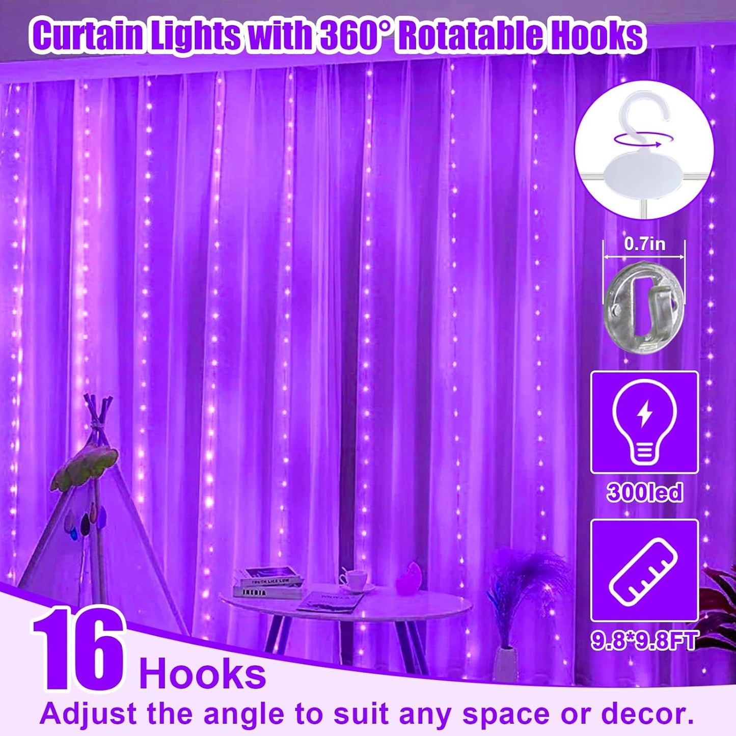Skiennix Purple Curtain Light - 300 LED Fairy String Lights with Remote Control | 9.8ft x 9.8ft, 8 Modes