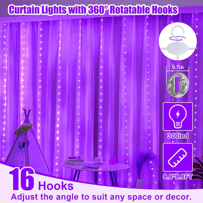 Skiennix Purple Curtain Light - 300 LED Fairy String Lights with Remote Control | 9.8ft x 9.8ft, 8 Modes