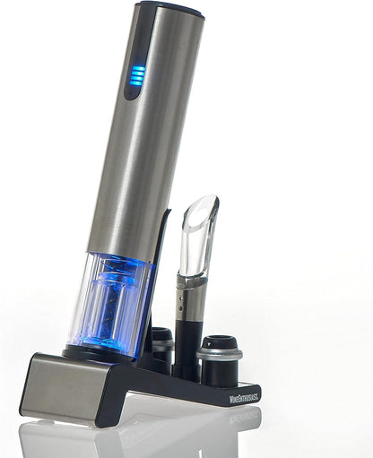 Wine Enthusiast 2-in-1 Electric Blue Automatic Wine Bottle Opener and Preserver Set – Fully Electric Corkscrew with Charging Station – Seal Bottle with Vacuum Stopper (7 Piece Set)