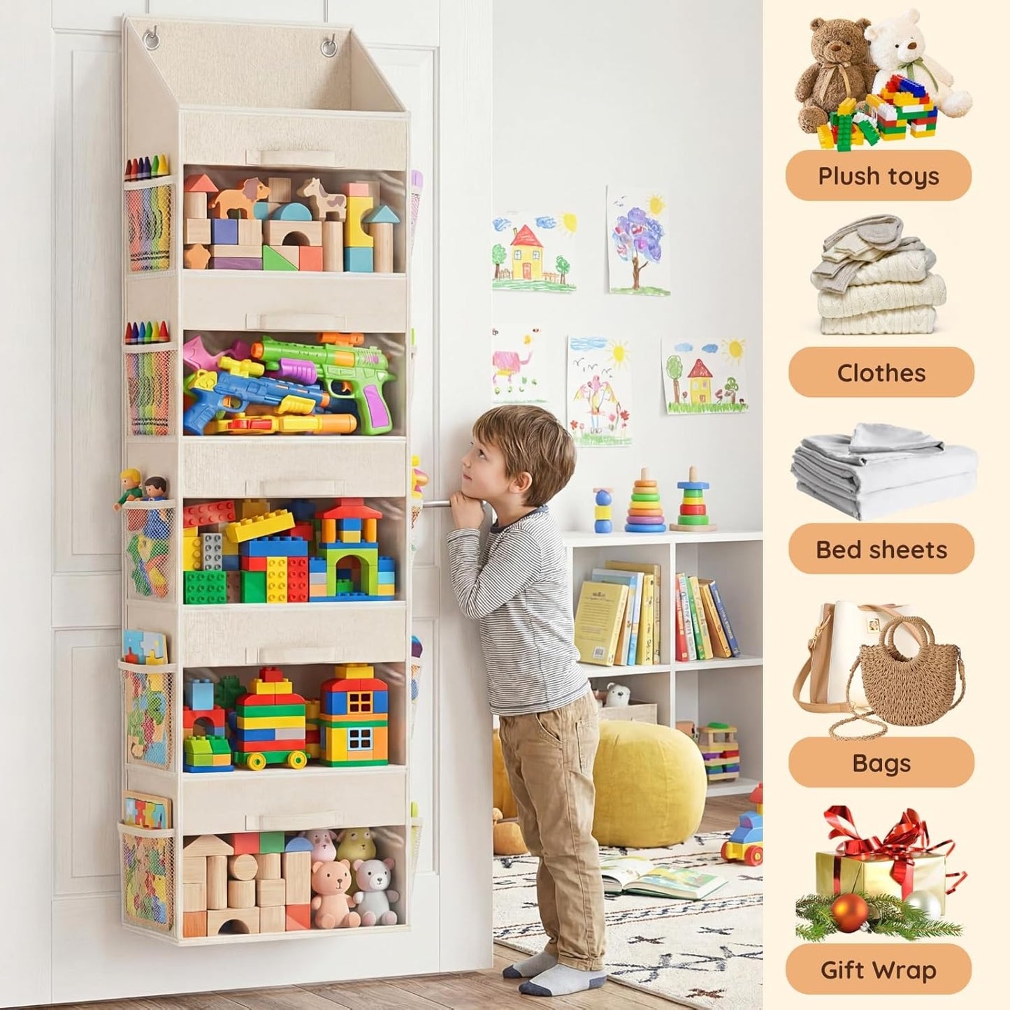 Ofiray Home Yarn Storage Organizer - 5 Drawer Over-The-Door Knitting Holder with 10 Mesh Pockets | Beige