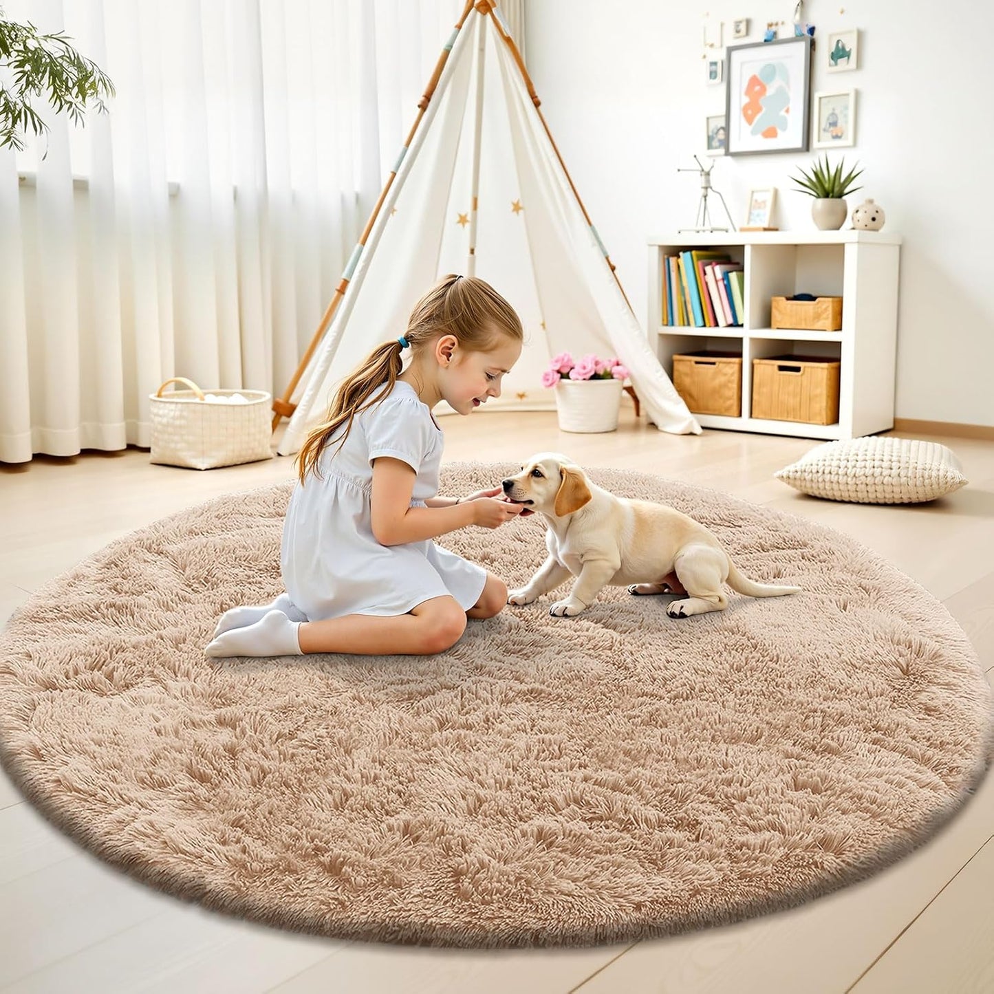 OLANLY Round Beige Area Rug - Soft, Machine Washable 8 ft Shaggy Carpet for Bedroom & Living Room Decor
