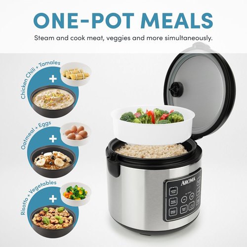 Aroma Housewares Digital Rice Cooker - 20 Cup Capacity, Slow Cooker & Food Steamer, Stainless Steel Exterior, Black