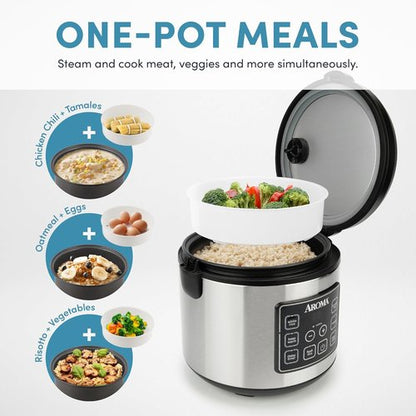 Aroma Housewares Digital Rice Cooker - 20 Cup Capacity, Slow Cooker & Food Steamer, Stainless Steel Exterior, Black