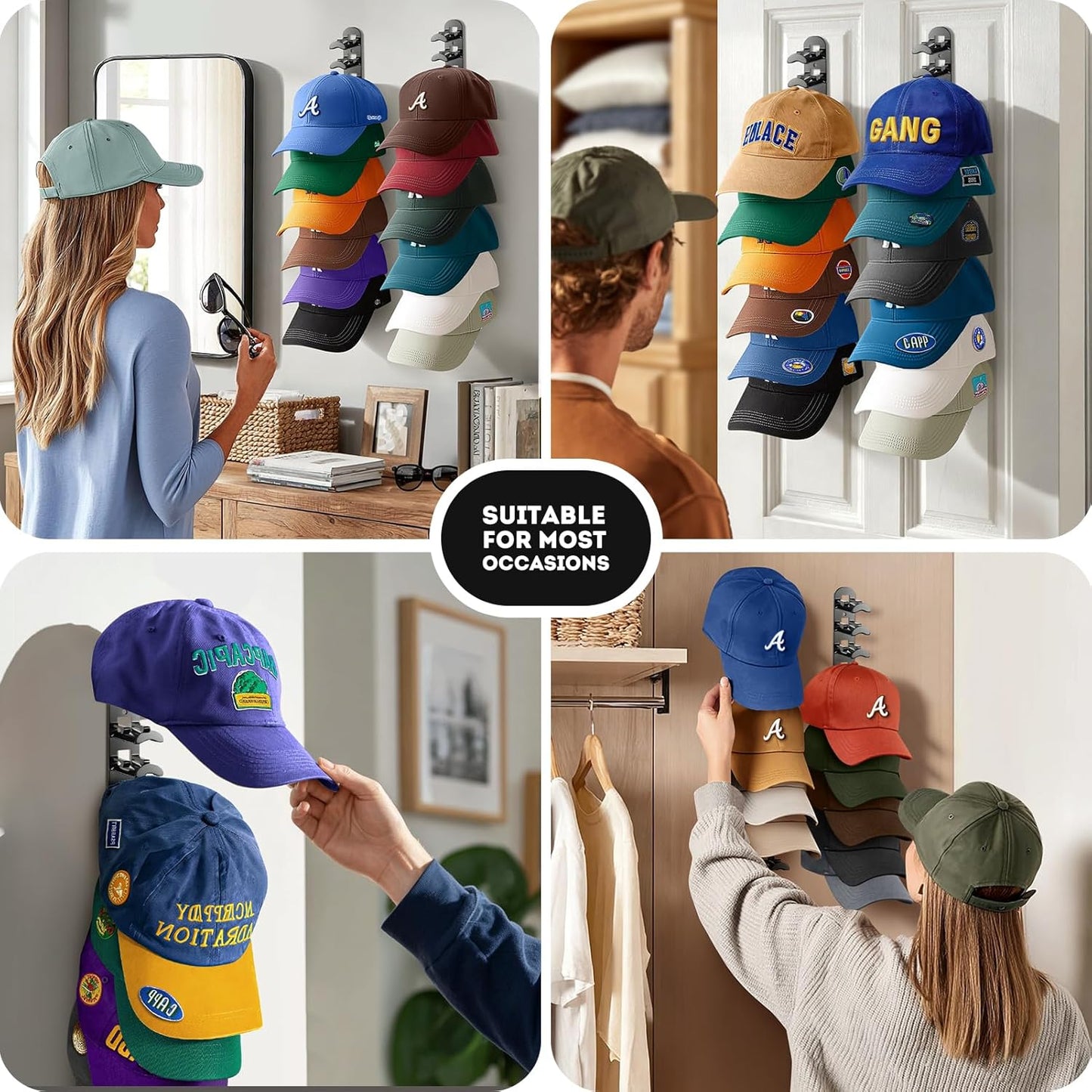 Skiennix Hat Organizer - Wall-Mounted Rack for Up to 20 Baseball Caps | Strong Adhesive & Screws - Black