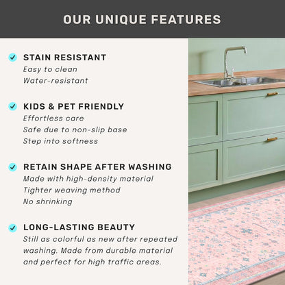 Oushak Rugs | Washable Pink & Blue 6x9 Area Rug - Soft Faux Wool, Modern Floral Design for Kids' Rooms