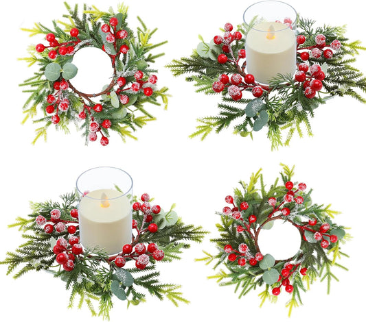 Regine Switzerland Christmas Candle Rings - Mini Wreaths with Red Berries | 2.76-Inch Snowy Pine Garland for Festive Table Centerpieces