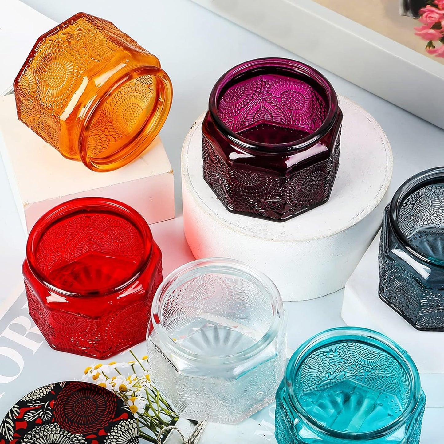 Skiennix Set of 6 Glass Tea Light Candle Holders - Colorful Votive Centerpieces for Weddings & Parties