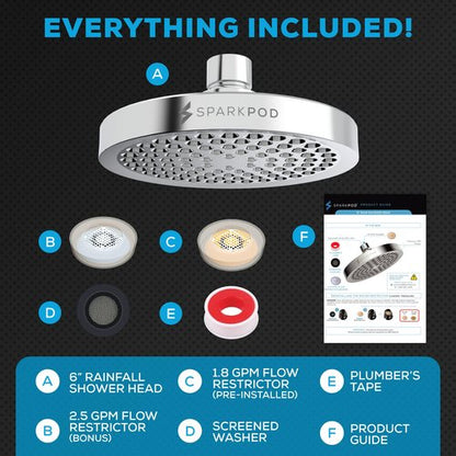 SparkPod Shower Head - High Pressure Rain - Premium Quality Luxury Design - Easy Clean Adjustable Replacement for Your Bathroom Shower Heads (Luxury Polished Chrome, 6 Inch Round)