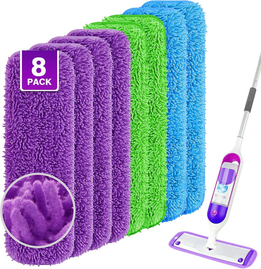 UNIMADE Reusable Mop Pads - 8 Pack Microfiber Refills with Scrubber Strips for 13''-15'' Spray Mop | Washable for All Floor Types - Multicolor