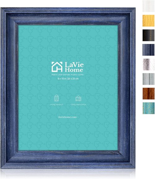 LaVie Home 8x10 Rustic Picture Frame - Tempered Glass for Wall Mount & Tabletop Display - Blue
