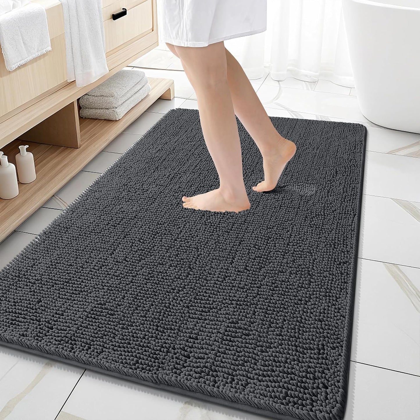 OLANLY Large Bathroom Rugs - Extra Soft Chenille Bath Mat | Quick-Dry Rubber Backing, 59x35, Dark Grey