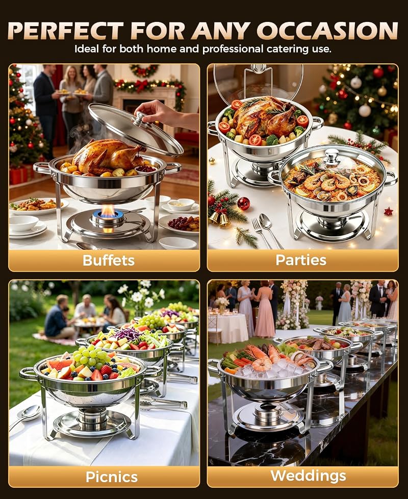 4 Pack 5Qt Round Stainless Steel Chafing Dishes Buffet Warmer Set - Food Warmers for Parties, Home & Catering