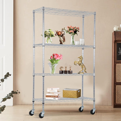 BestOffice 4-Tier Wire Storage Shelves with Wheels - Heavy-Duty Metal, Adjustable Racks | 36x14x62 | Chrome Finish, Holds Up to 500 lbs | Easy No-Tool Assembly for Home & Garage