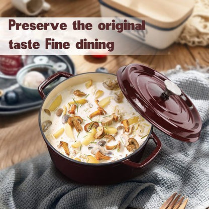 Enameled Cast Iron Dutch Oven, 4 Quart Dutch Oven Pot with Lid, Dutch Oven Suitable for Bread Baking, Oven Safe Dutch Oven Pot with Loop Handles, Non-stick Enamel Coated Cookware, Wine Red