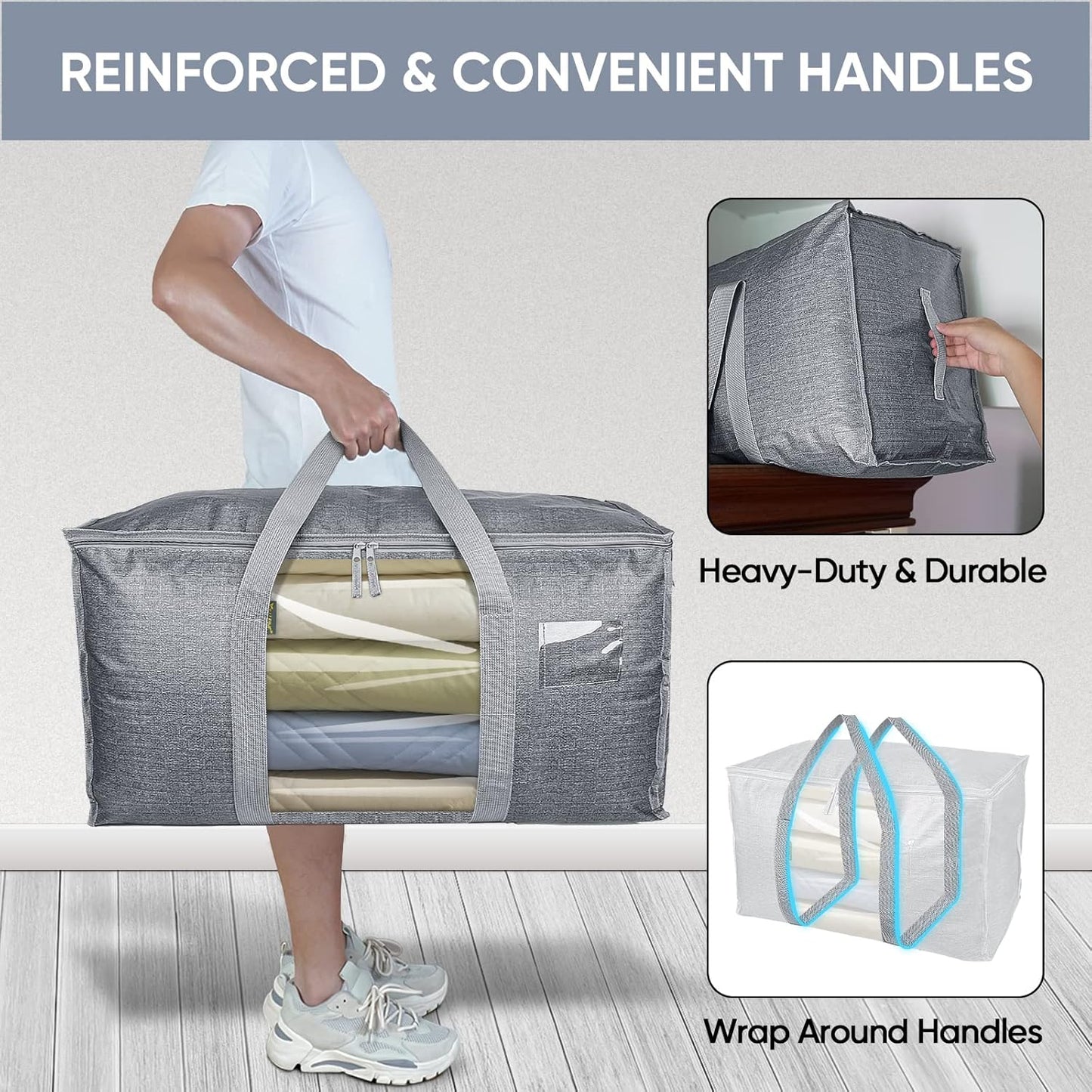 BALEINE 6-Pack Heavy-Duty Moving Bags - Oversized Storage Totes with Reinforced Handles (Gray w/Window)