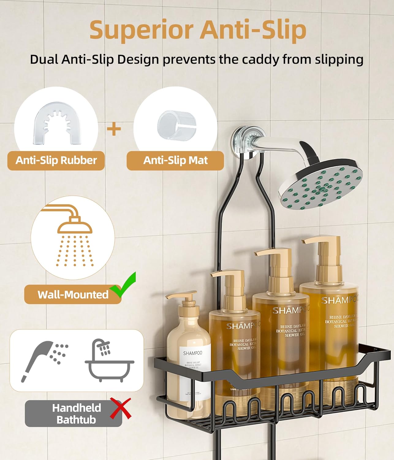 Skiennix Adjustable Shower Caddy - 3-Tier Over Shower Head Organizer with Soap Holder, Black