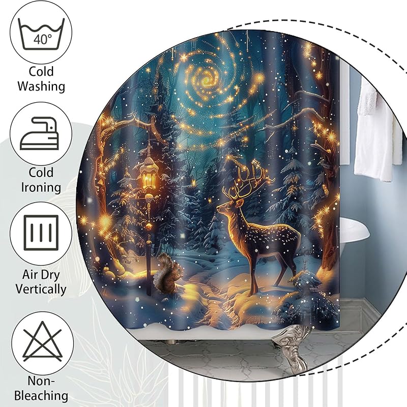 Christmas Shower Curtain Set 72x72 in with Hooks — Green Winter Reindeer Snowy Forest