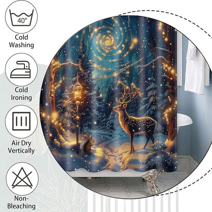 Christmas Shower Curtain Set 72x72 in with Hooks — Green Winter Reindeer Snowy Forest