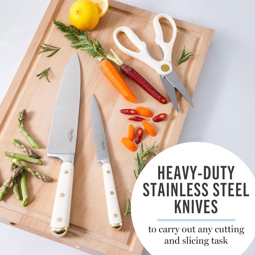 Martha Stewart 16-Piece Knife Block Set - High Carbon Stainless Steel Chef Knives with Acacia Wood Block, Linen White & Gold
