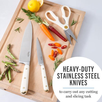 Martha Stewart 16-Piece Knife Block Set - High Carbon Stainless Steel Chef Knives with Acacia Wood Block, Linen White & Gold
