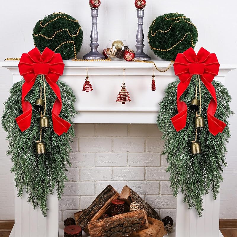 Dingion 23.6in Teardrop Christmas Swag with Bells & Red Bow - Faux Spruce Variation of THIS listing Faux Spruce