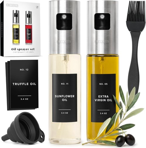 EDELHAUS Oil Sprayer Set - Stainless Steel & Glass Bottles for Healthy Cooking | 2 Pack with Silver Lids