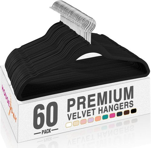 HOUSE DAY Black Velvet Hangers - 60 Pack Non-Slip Heavy Duty Felt Hangers for Closet Organization | 360° Rotating Hook